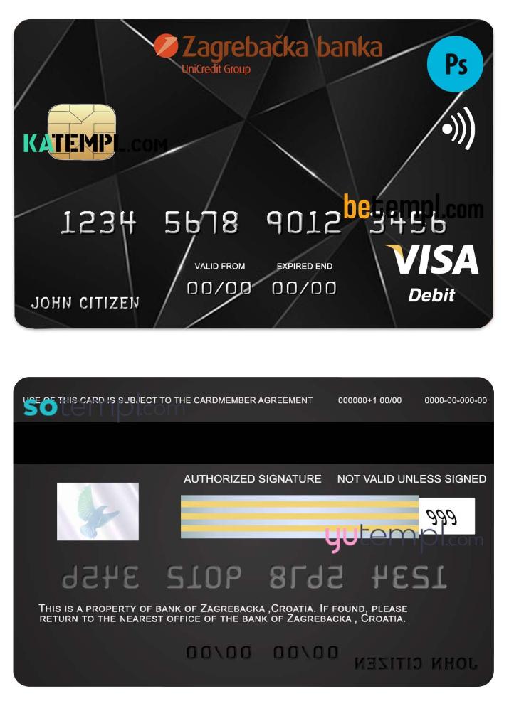 Croatia Zagrebacka bank visa credit card template in PSD format, fully editable